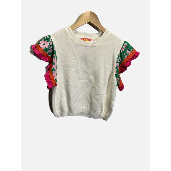 THML Ruffle Sleeve Knit Top Women XS White Excellent Floral Pom Pom WK0174-WH - Picture 2 of 7